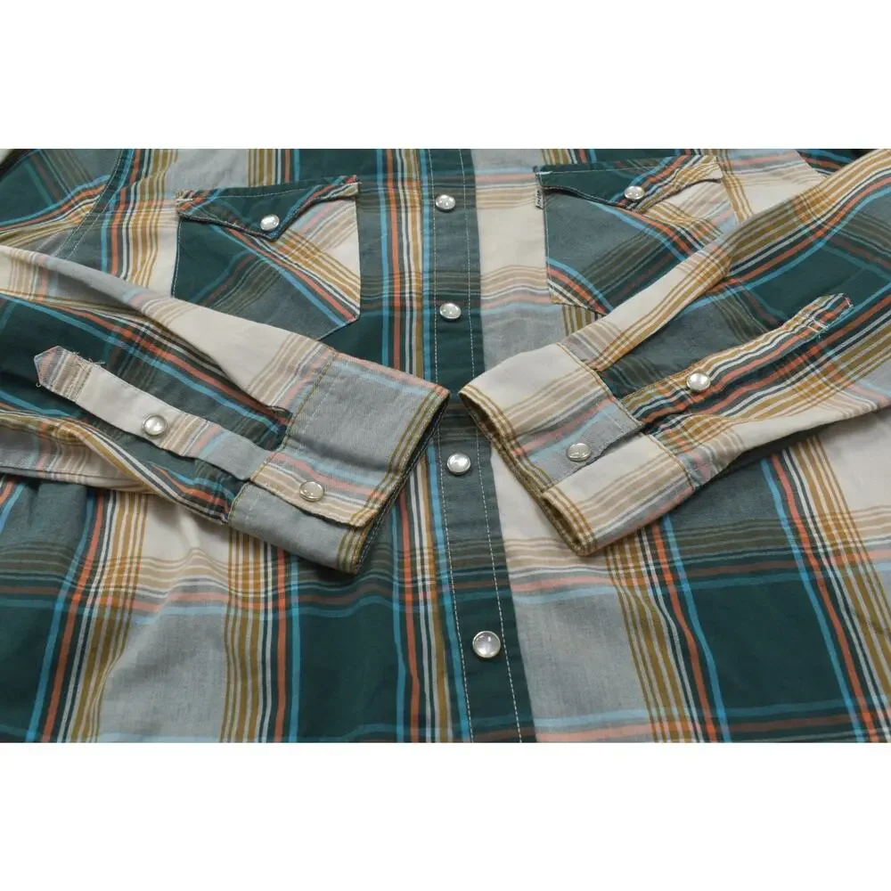 Levi's Western Pearl Snap Shirt Mens Medium Green Orange Plaid Long Sleeve Stand